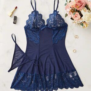 Small - Hot Solid Contrast Lace Dress, V Neck, Bow, Cami, Baby doll # 074NB